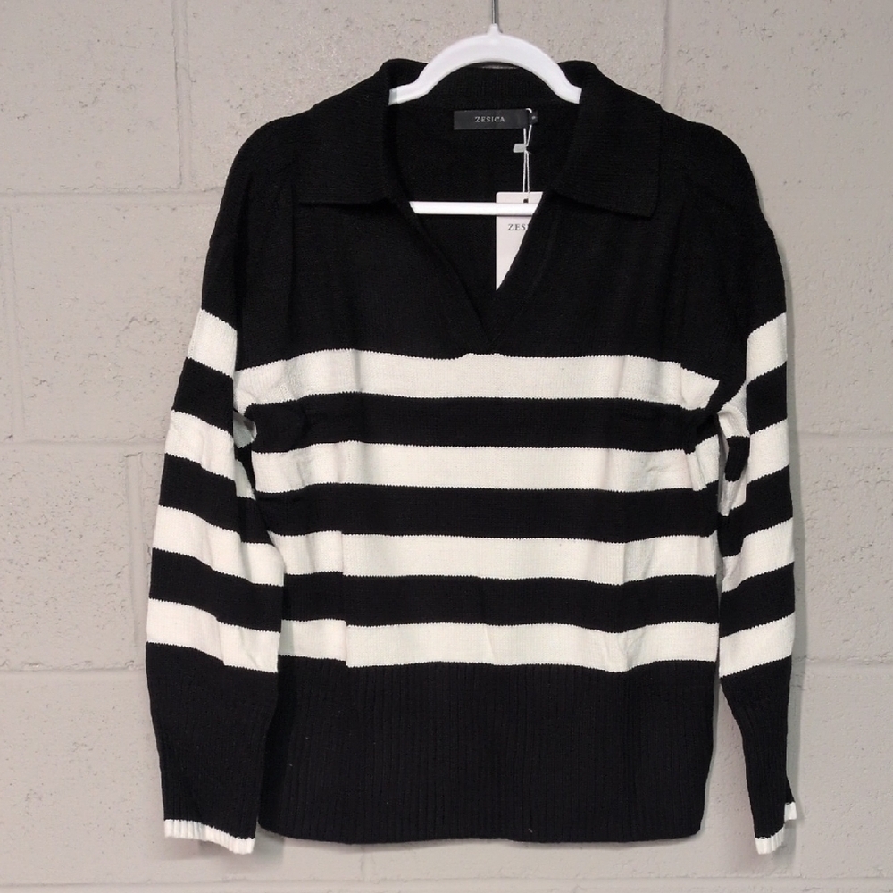 Women's Lapel VNeck Long Sleeve Striped Chunky Knit Oversized Sweater Small NWT - Picture 3 of 7